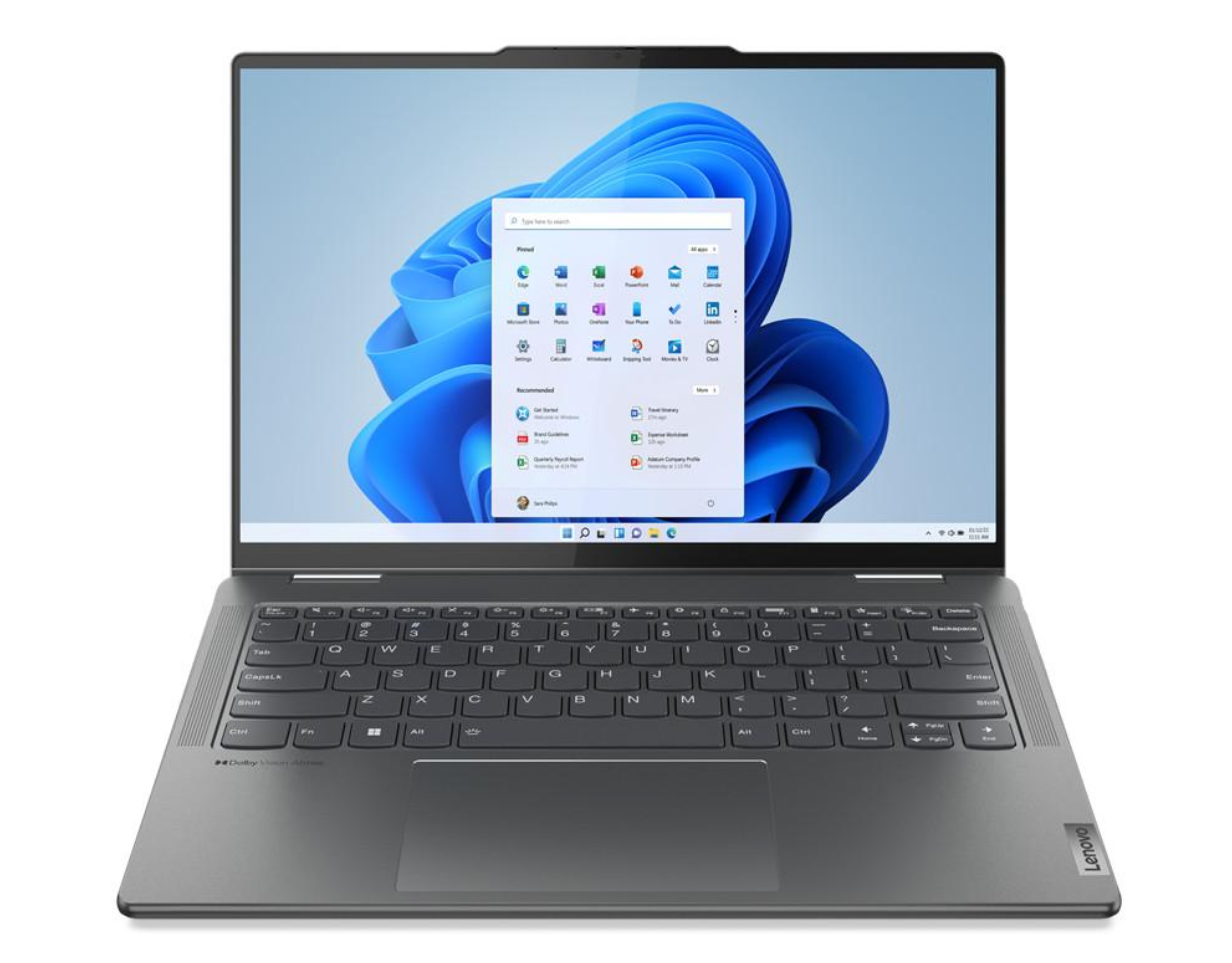 Lenovo Yoga 7 2-in-1 laptop with a 14-inch 2.2K IPS display, 2240 × 1400 resolution, and 16:10 aspect ratio for productivity, reading, and everyday use.