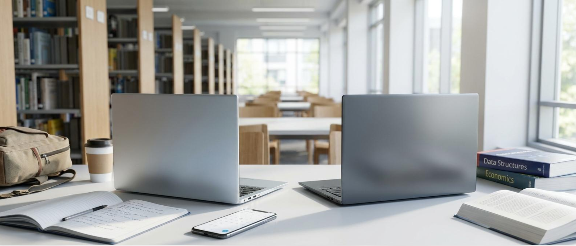 Lightweight student laptop with USB-C hub and charger on a campus study desk