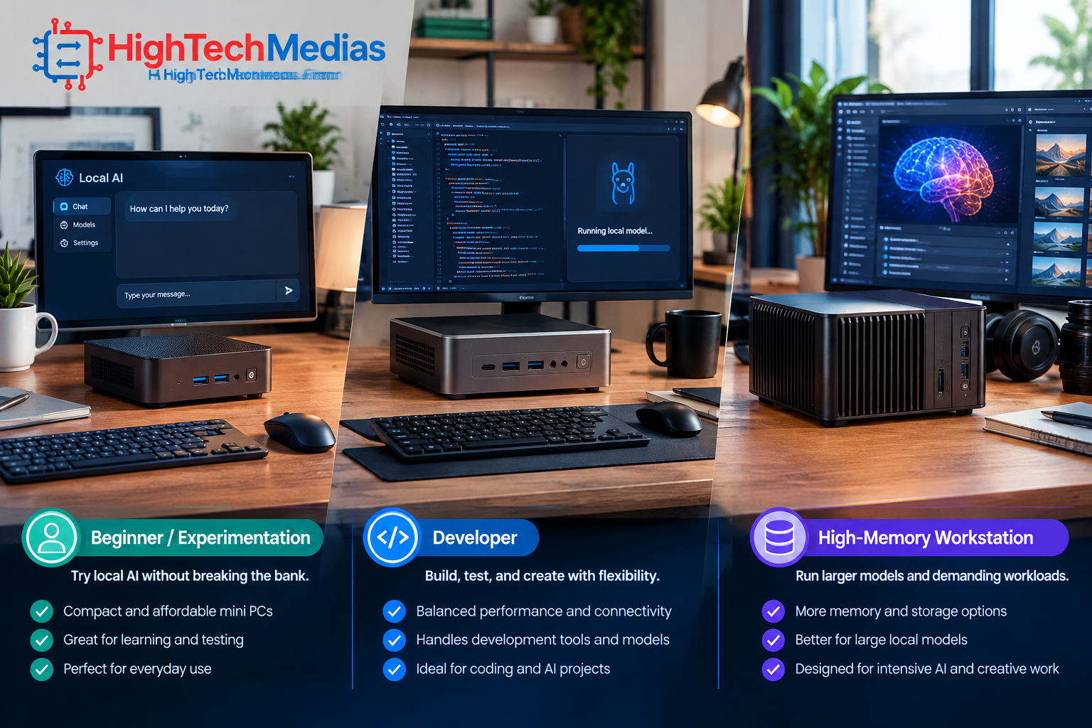 Mini PC local AI buying guide comparing budget, developer, and high-memory workstation use cases