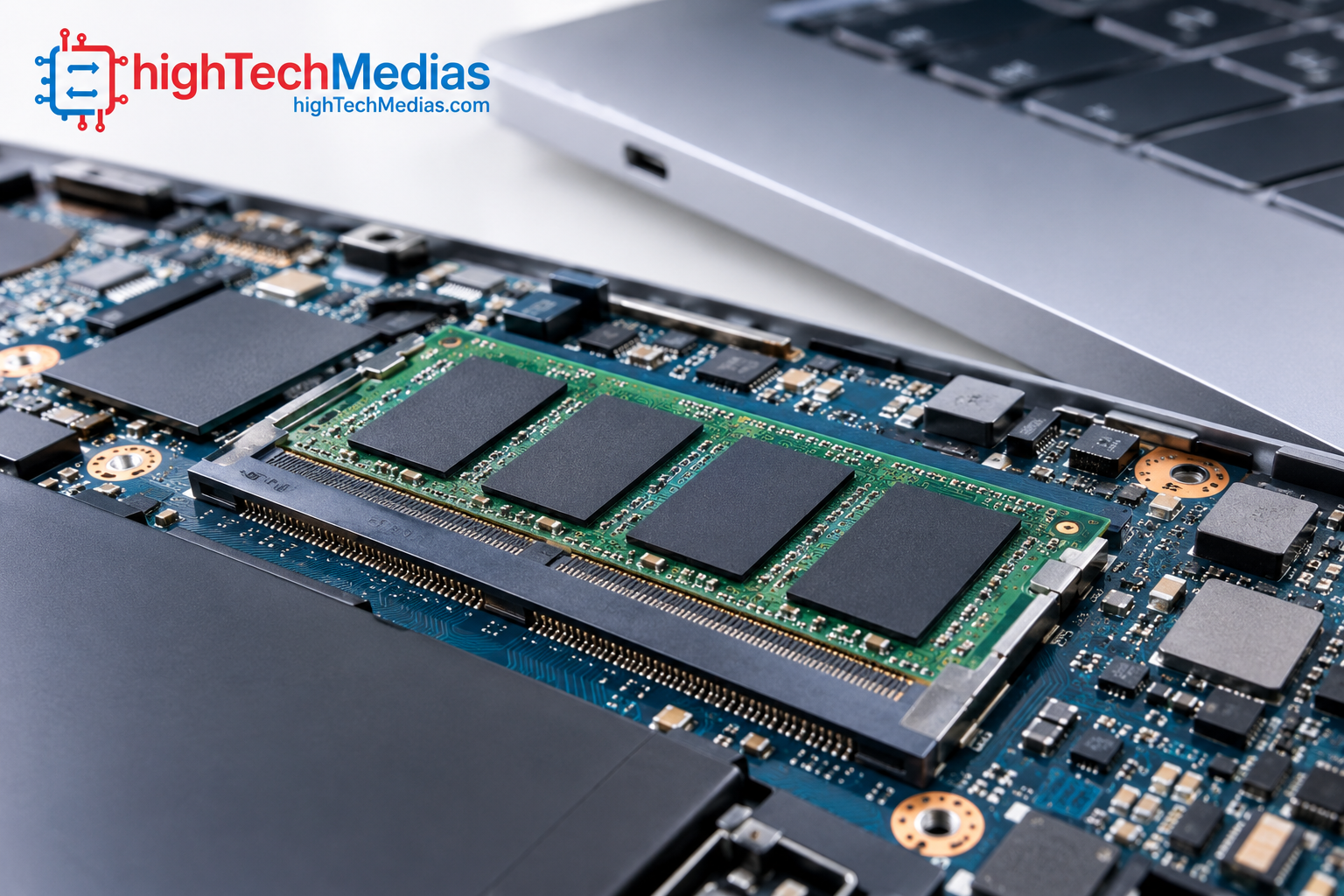 LPDDR5 laptop memory chips integrated into a compact laptop motherboard