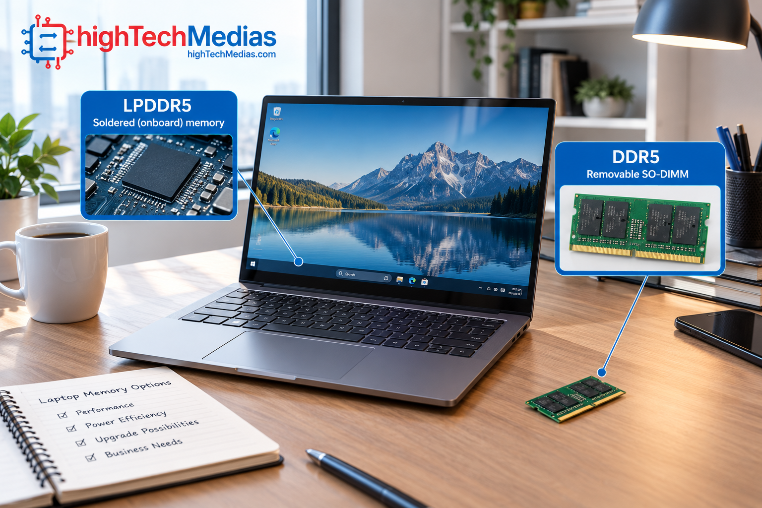 Business laptop on a professional home-office desk illustrating laptop memory choices for work