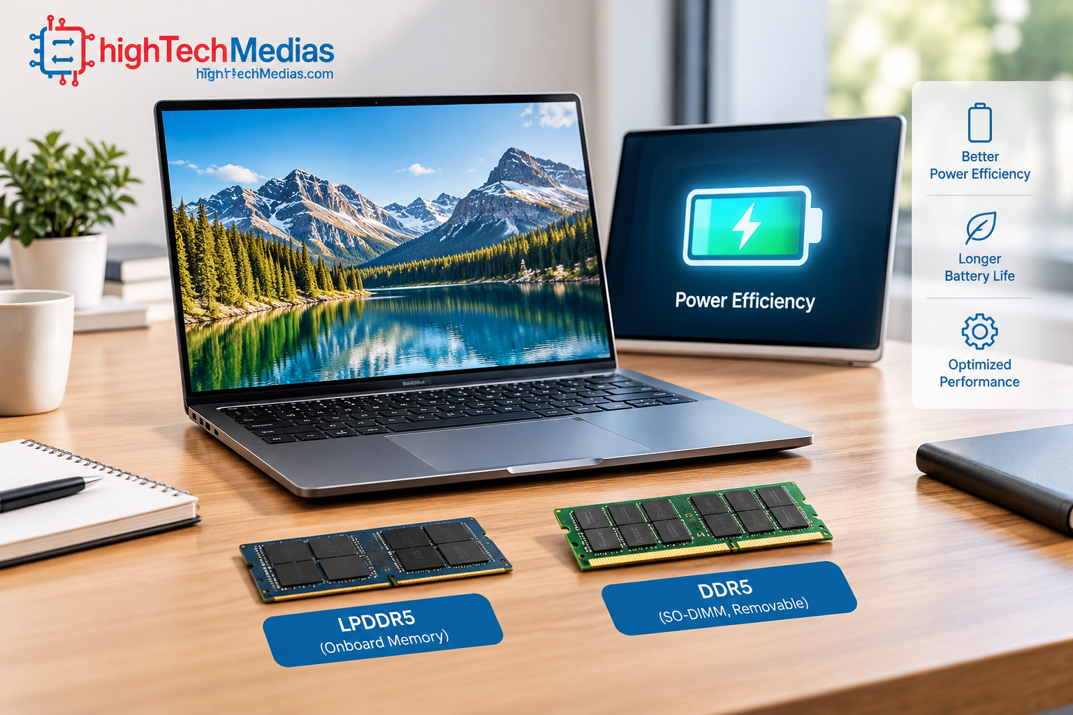 Modern laptop and memory components illustrating power efficiency and laptop battery life