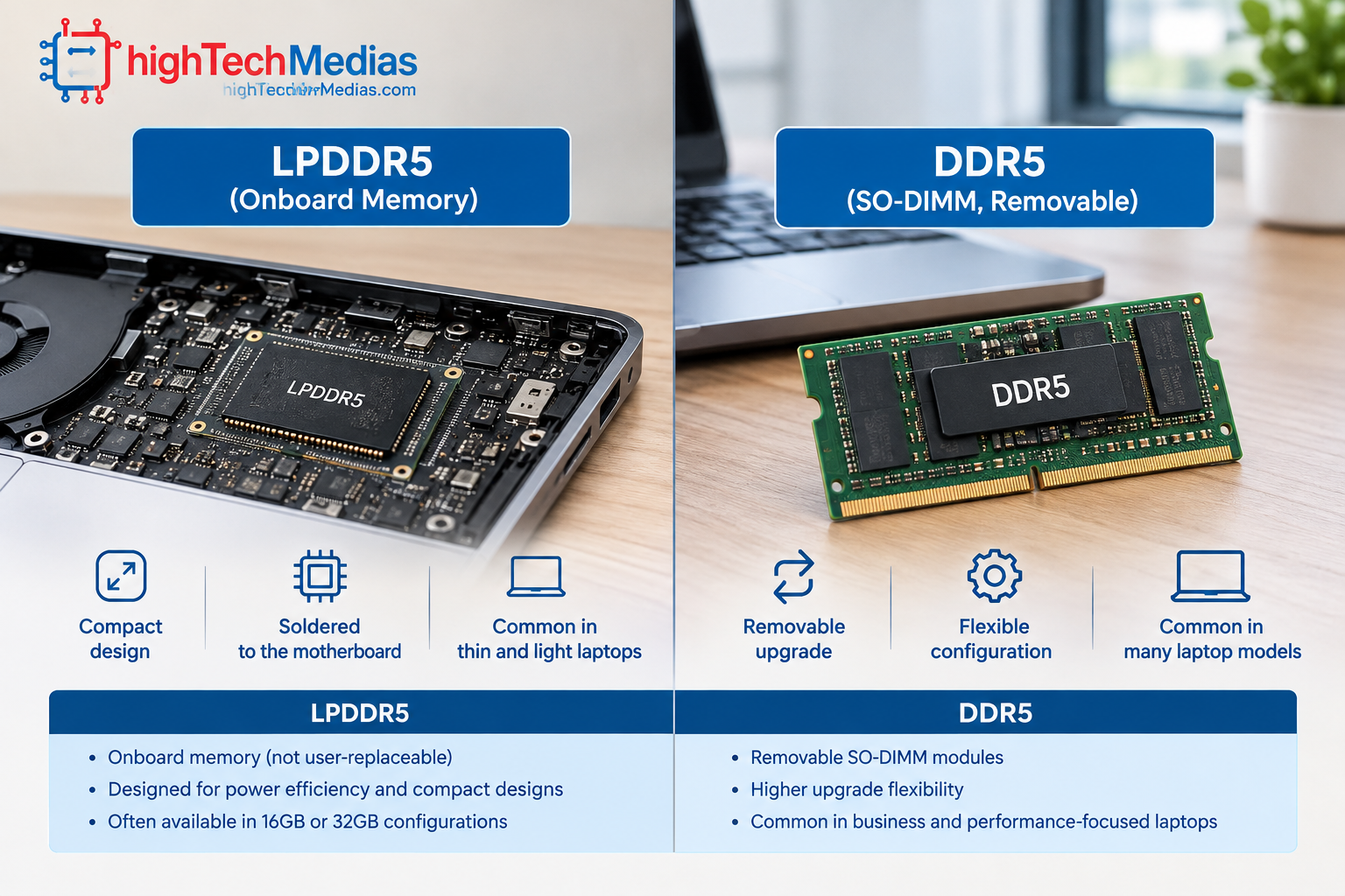 Side-by-side comparison of onboard LPDDR5 laptop memory and removable DDR5 SO-DIMM RAM