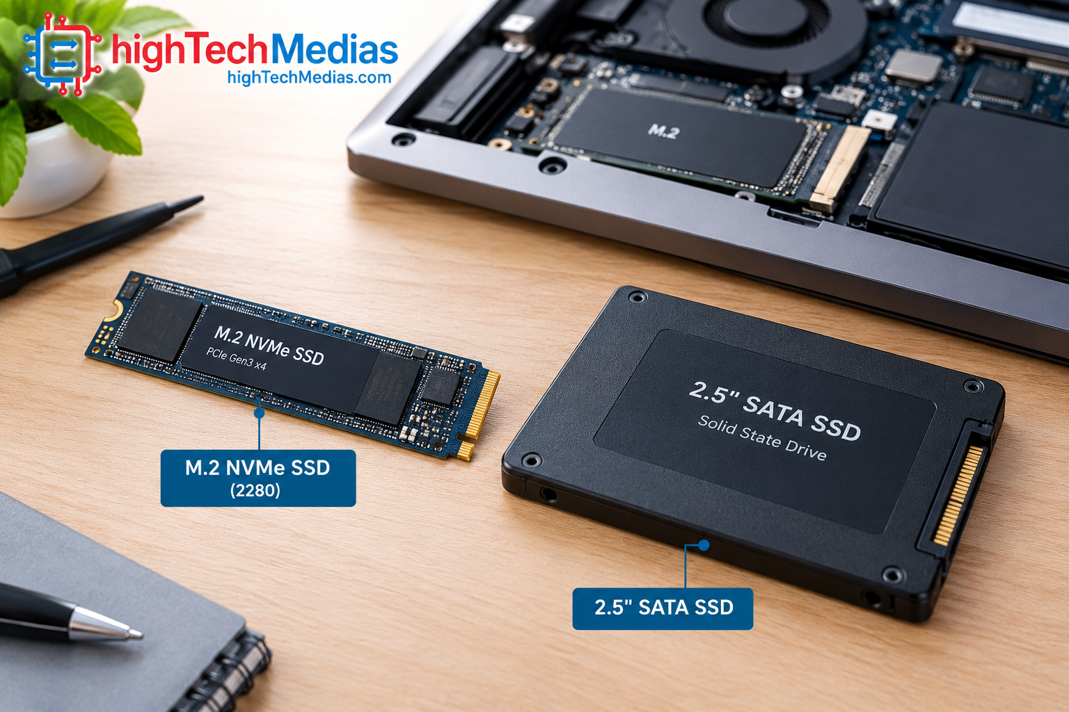 M.2 NVMe SSD and 2.5-inch SATA SSD showing different laptop storage formats