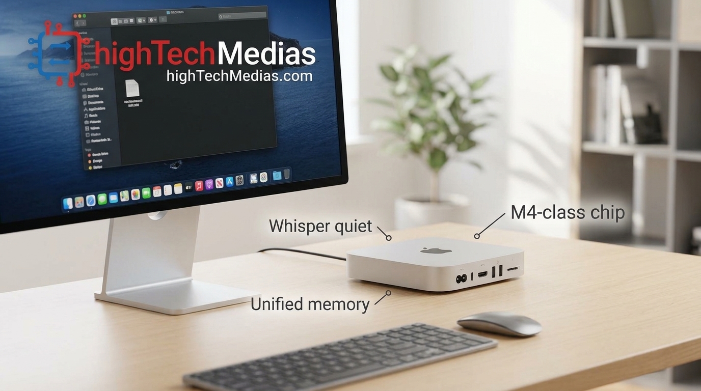 mac-mini-m4-home-office-desk.jpg Illustrative render of a compact silver aluminum Apple silicon mini PC beside a monitor on a home-office desk