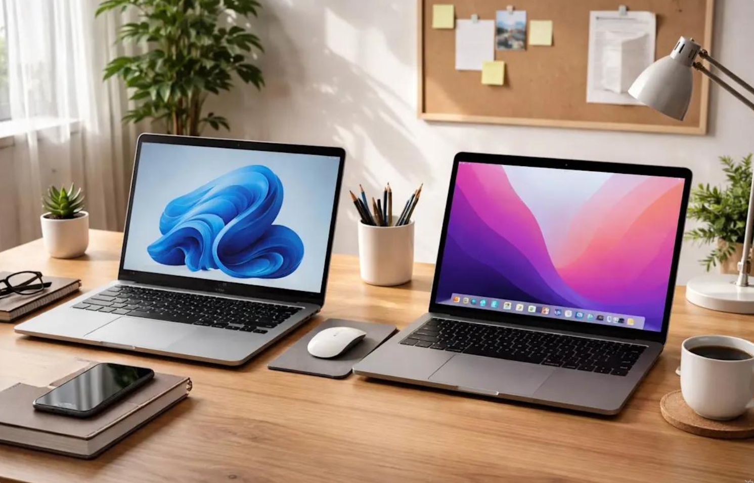 MacBook-style and Windows-style laptops side by side on a college study desk