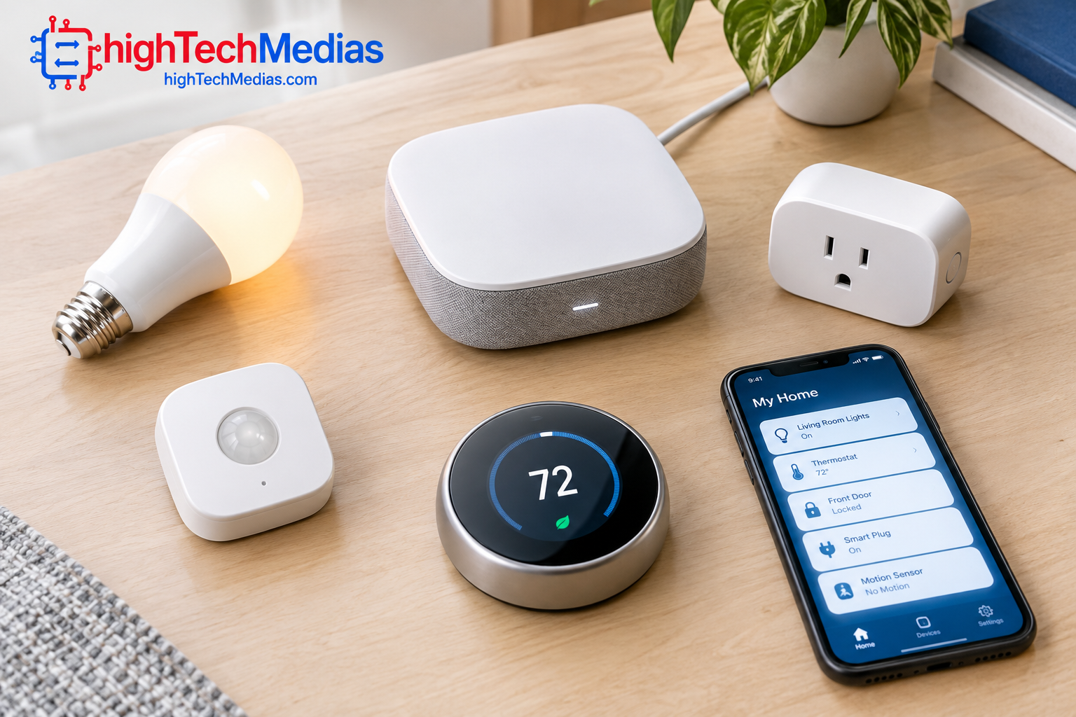 matter-thread-smart-home-device-compatibility.png Compatible smart home devices including a hub, connected bulb, thermostat, and sensor