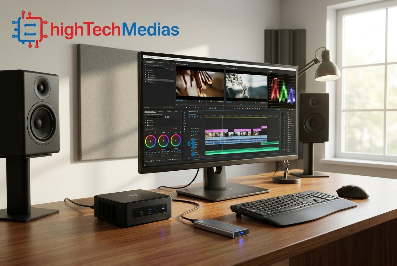 mini-pc-4k-8k-video-editing-workflow.jpg Compact video editing workstation displaying a 4K timeline and color grading interface.