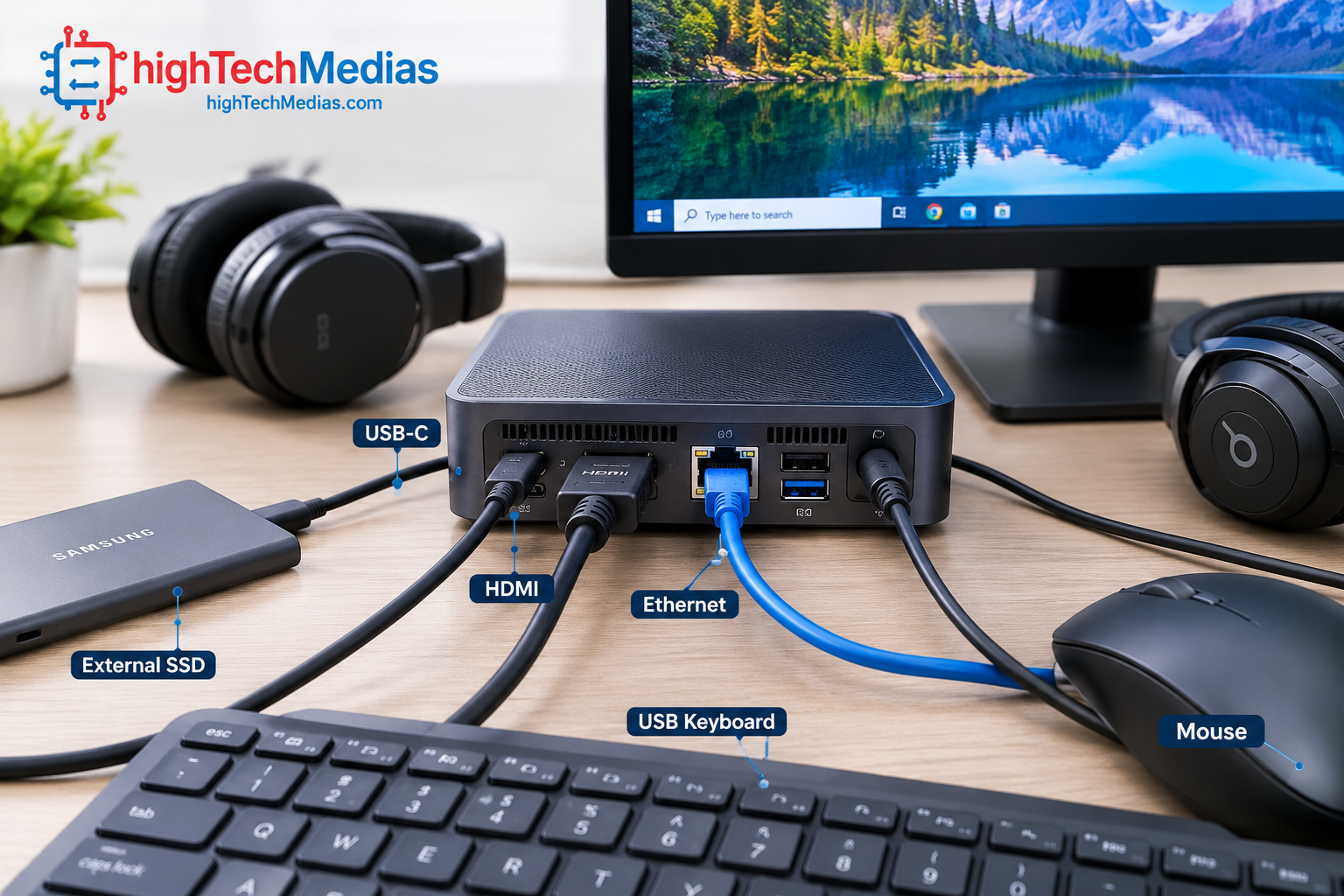 mini PC connectivity showing USB HDMI Ethernet and external monitor connections