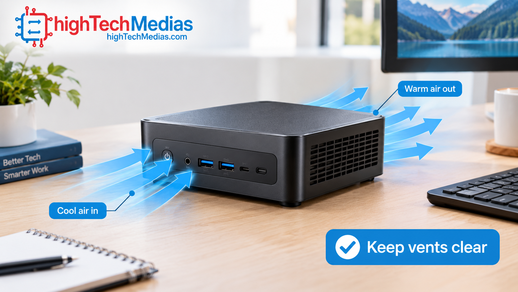 mini-pc-cooling-airflow-home-office.jpg Mini PC with visible airflow clearance on a clean desk to prevent thermal throttling during AI workloads