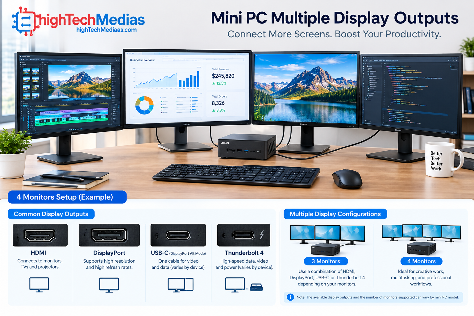 Mini PC display outputs for multiple monitors including HDMI DisplayPort and USB-C