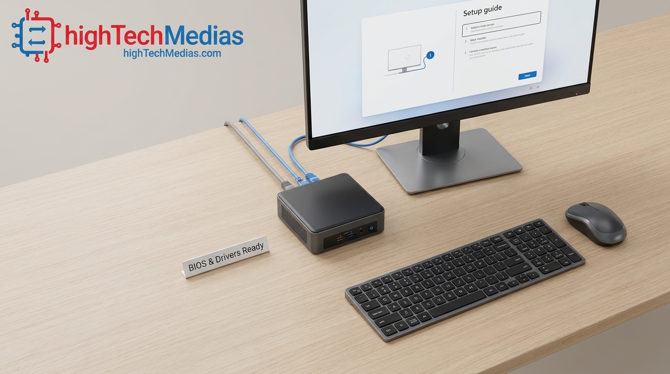 mini-pc-setup-checklist-home-office.jpg Mini PC connected to a monitor, keyboard, and Ethernet cable on a tidy home-office desk before AI setup