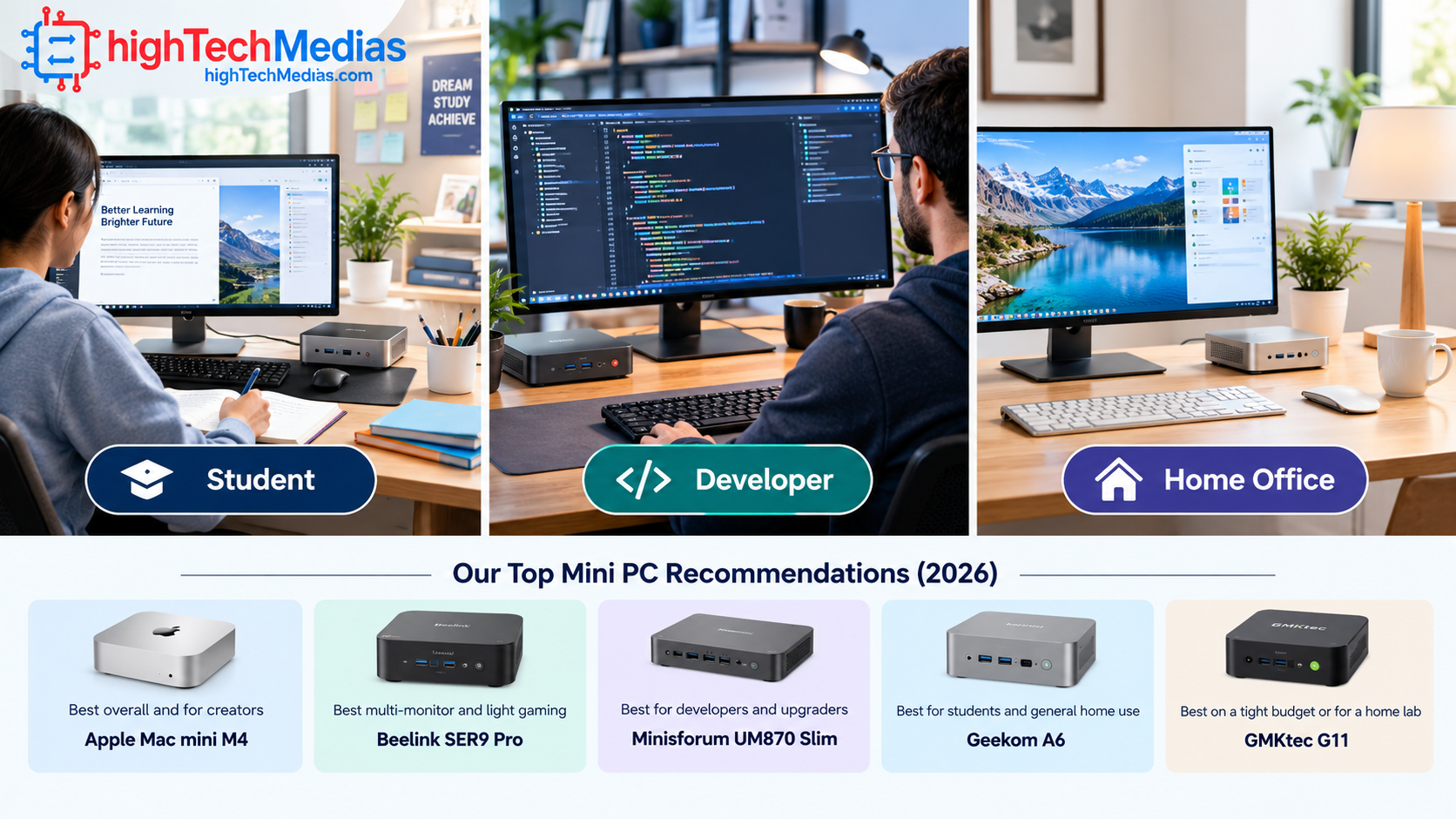 mini-pc-use-case-desk-setups-2026.png Three desk setups showing a mini PC for a student, a coder and a home office
