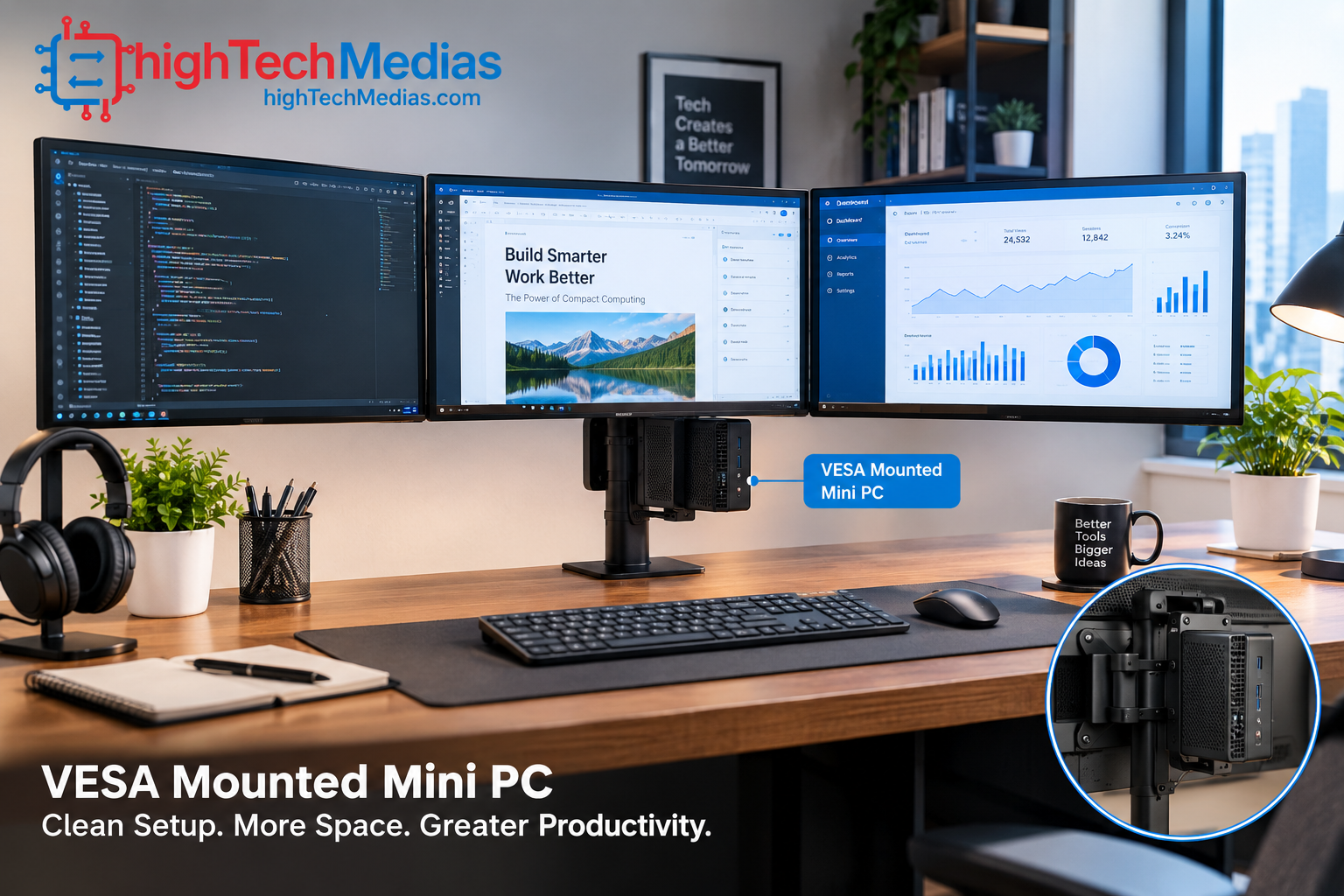 VESA mounted mini PC behind a multi-monitor home office