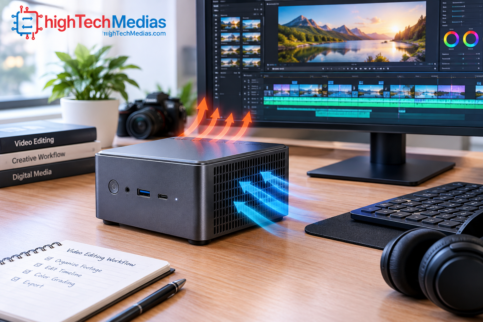 mini-pc-video-editing-cooling-airflow.png Compact workstation mini PC with visible ventilation and a clean desk setup for sustained creative work.