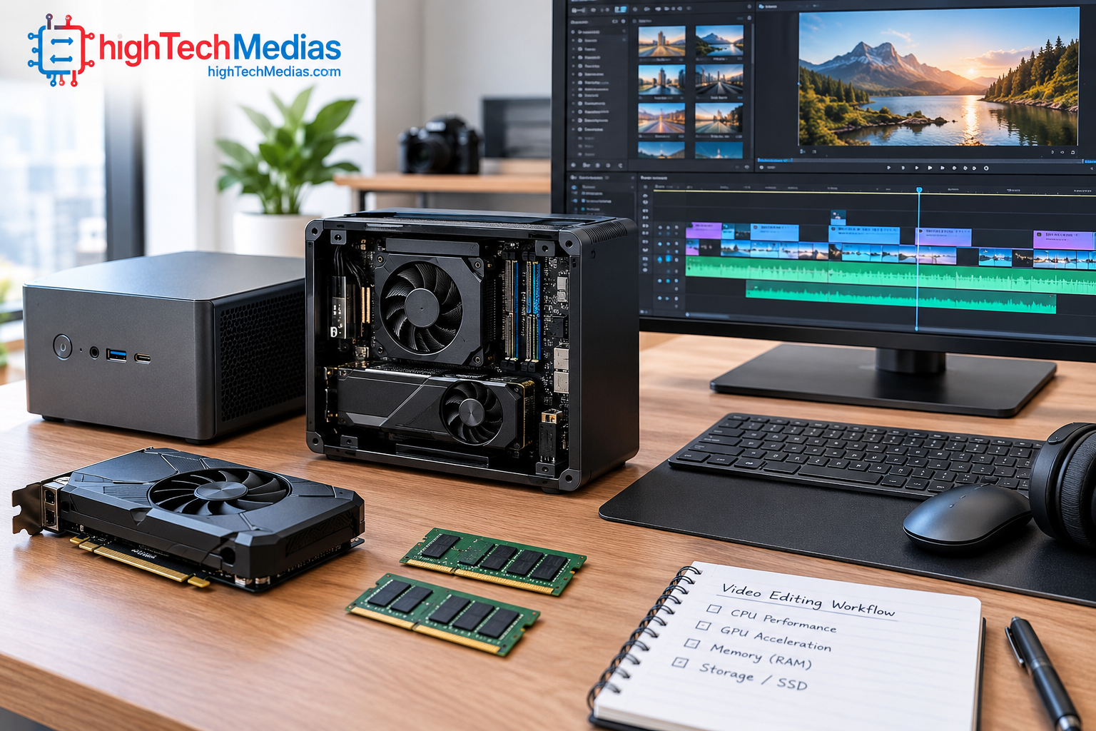 mini-pc-video-editing-cpu-gpu-memory.png Mini PC video editing workstation showing a processor, graphics hardware, memory, and editing timeline.