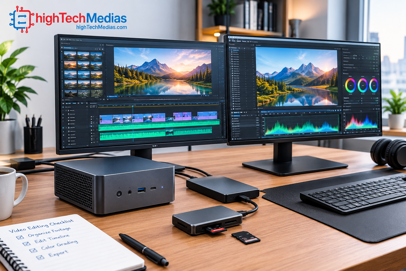 mini-pc-video-editing-multiple-monitors-storage.png Mini PC connected to dual monitors and external SSD storage in a professional editing workspace.