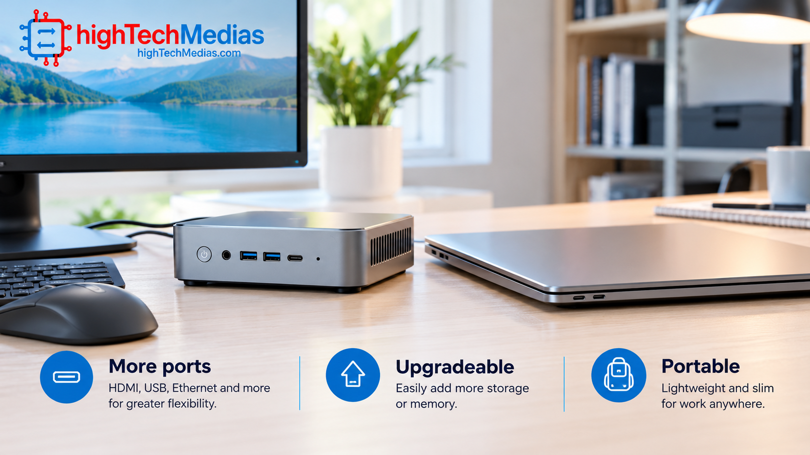 mini-pc-vs-laptop-desk-comparison.jpg Mini PC and laptop side by side on a clean desk comparing size and ports