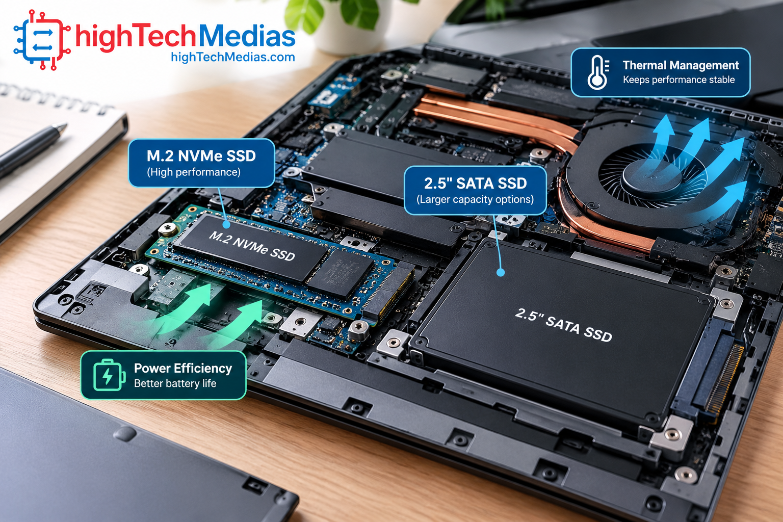 NVMe and SATA SSDs installed in a laptop for thermal and power management