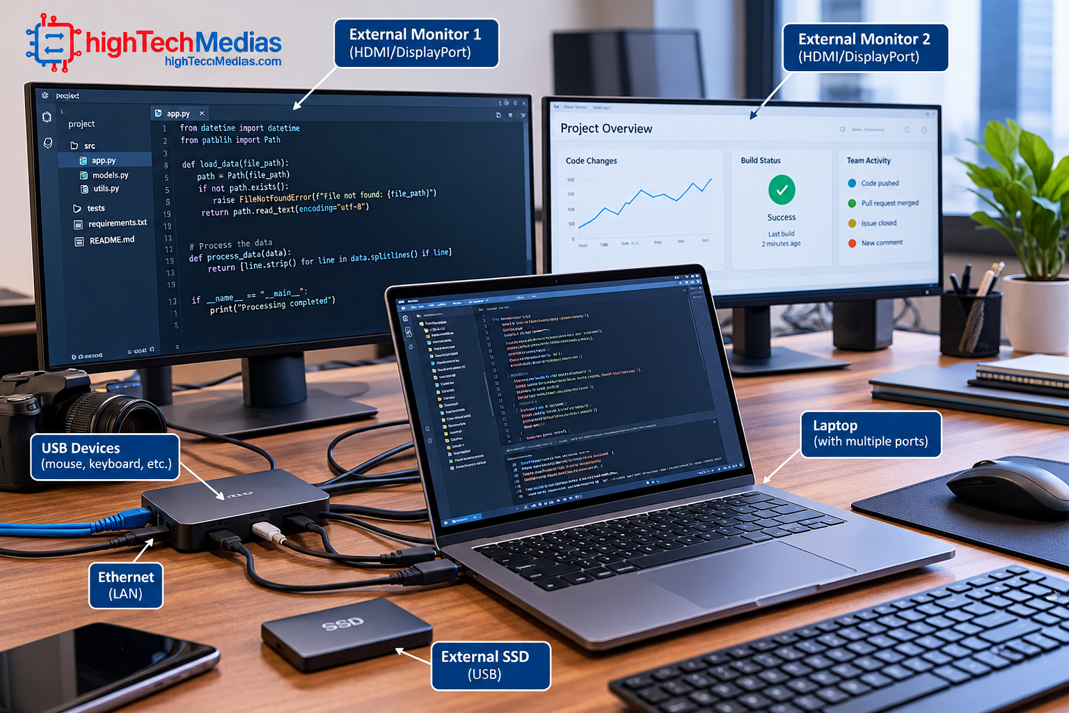 programming laptop ports connected to external monitors and development accessories