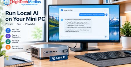 Compact mini PC on a clean home-office desk running a local AI chatbot on a nearby monitor