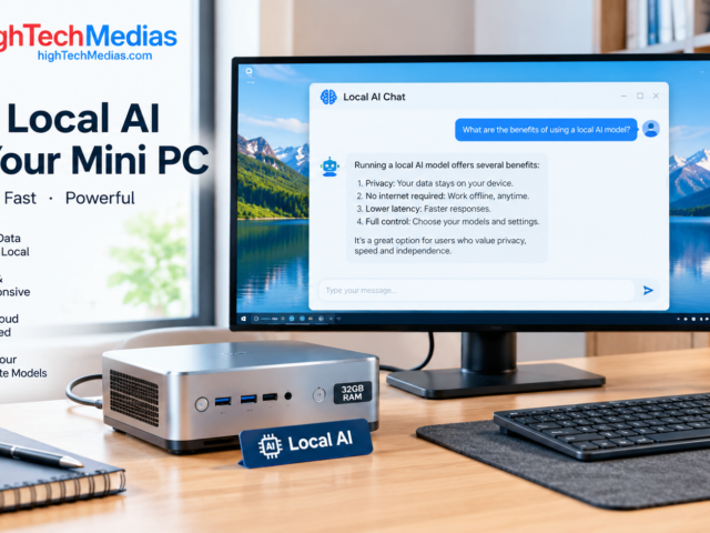 Compact mini PC on a clean home-office desk running a local AI chatbot on a nearby monitor