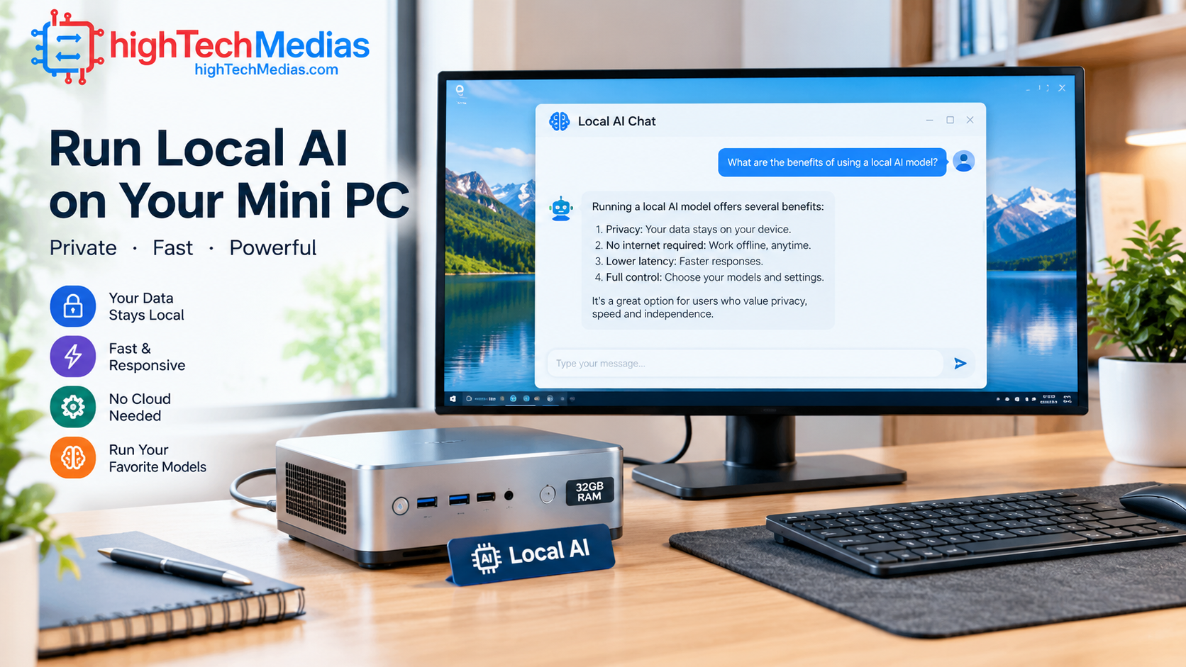 Compact mini PC on a clean home-office desk running a local AI chatbot on a nearby monitor
