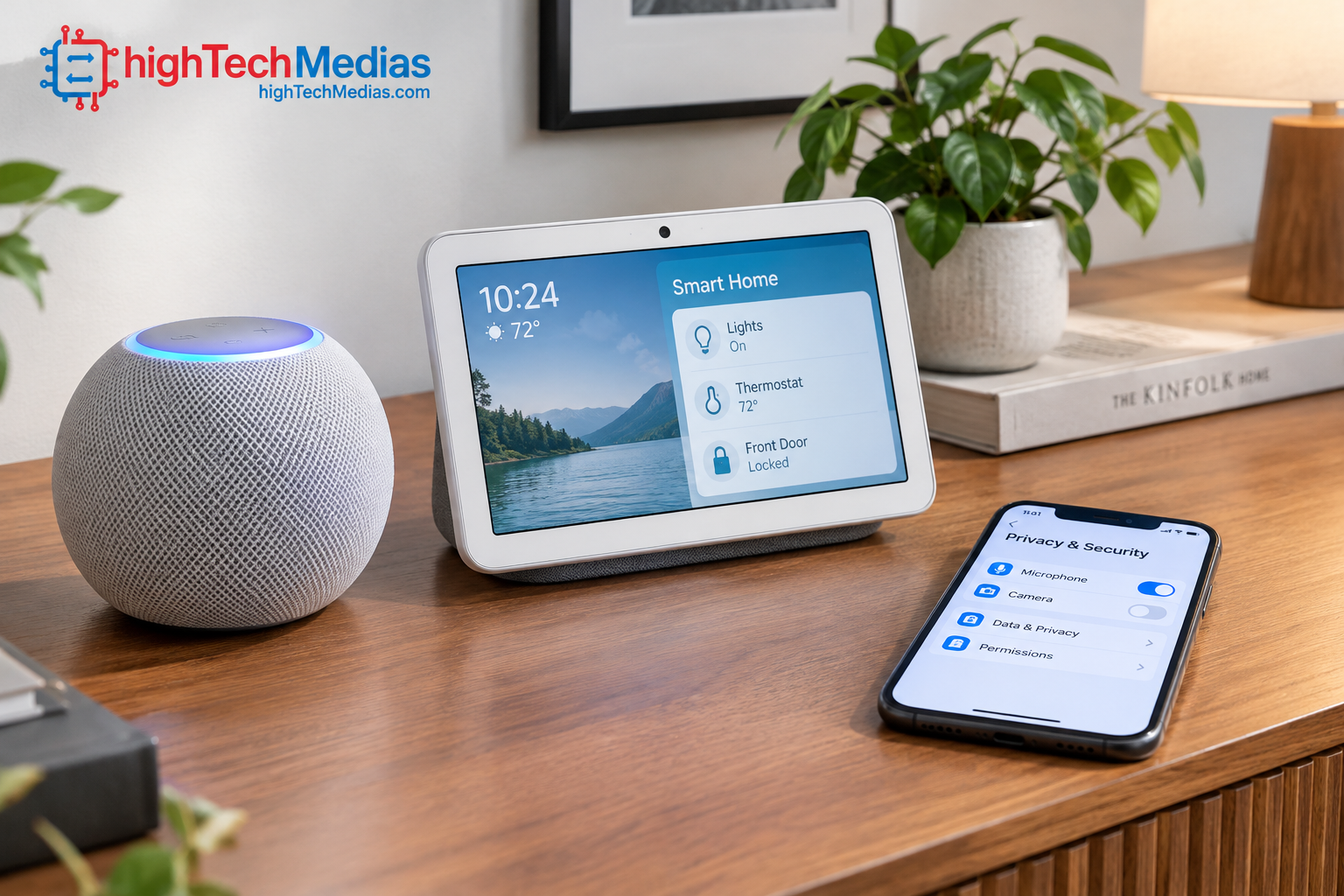 smart-home-assistant-privacy-microphone-controls.png Smart speaker and home display with physical privacy controls in a modern living room