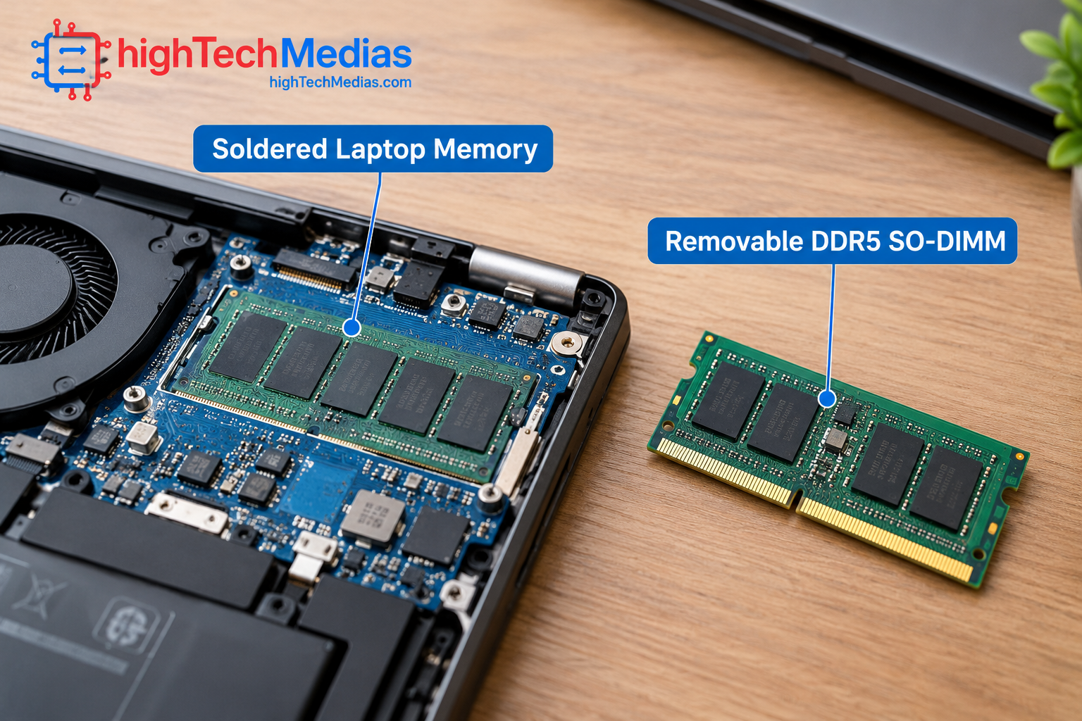 Soldered laptop memory compared with a removable DDR5 SO-DIMM module
