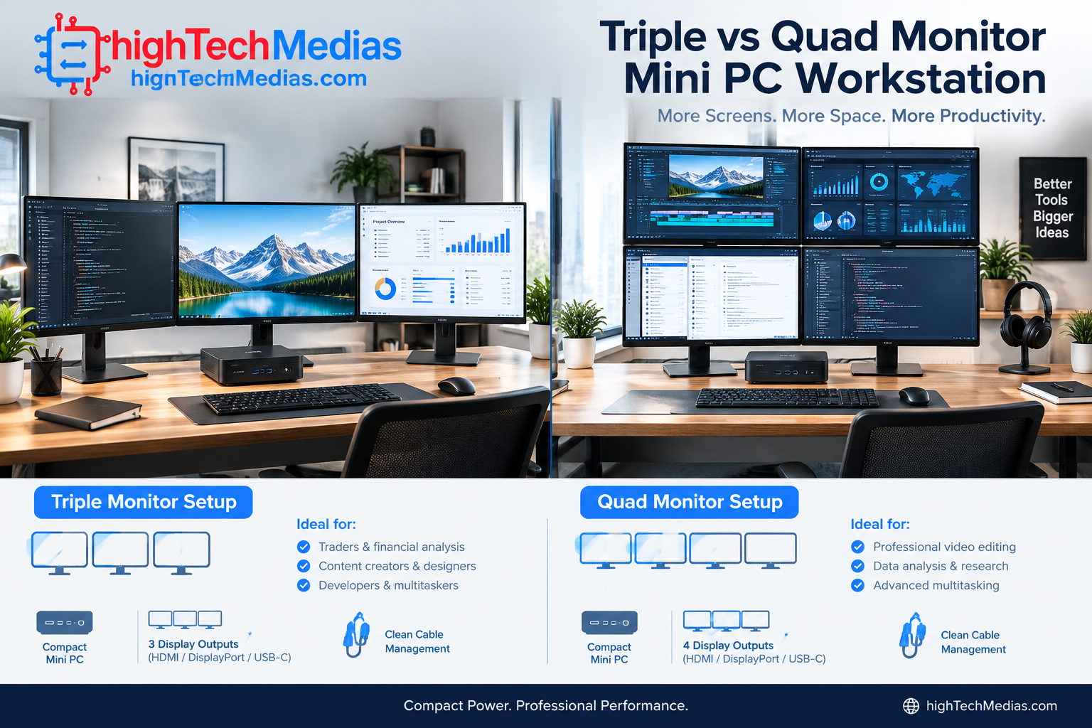 Triple and quad monitor workstation powered by a compact mini PC