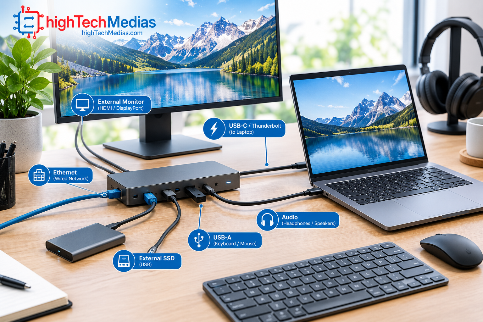 usb-c-docking-station-laptop-home-office.png USB-C laptop docking station connecting monitor keyboard mouse Ethernet and storage
