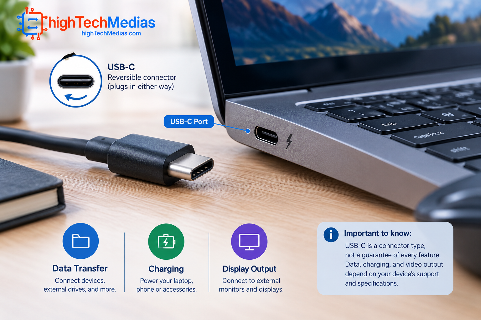 usb-c-laptop-port-explained.png USB-C laptop port showing reversible connector and multiple possible functions
